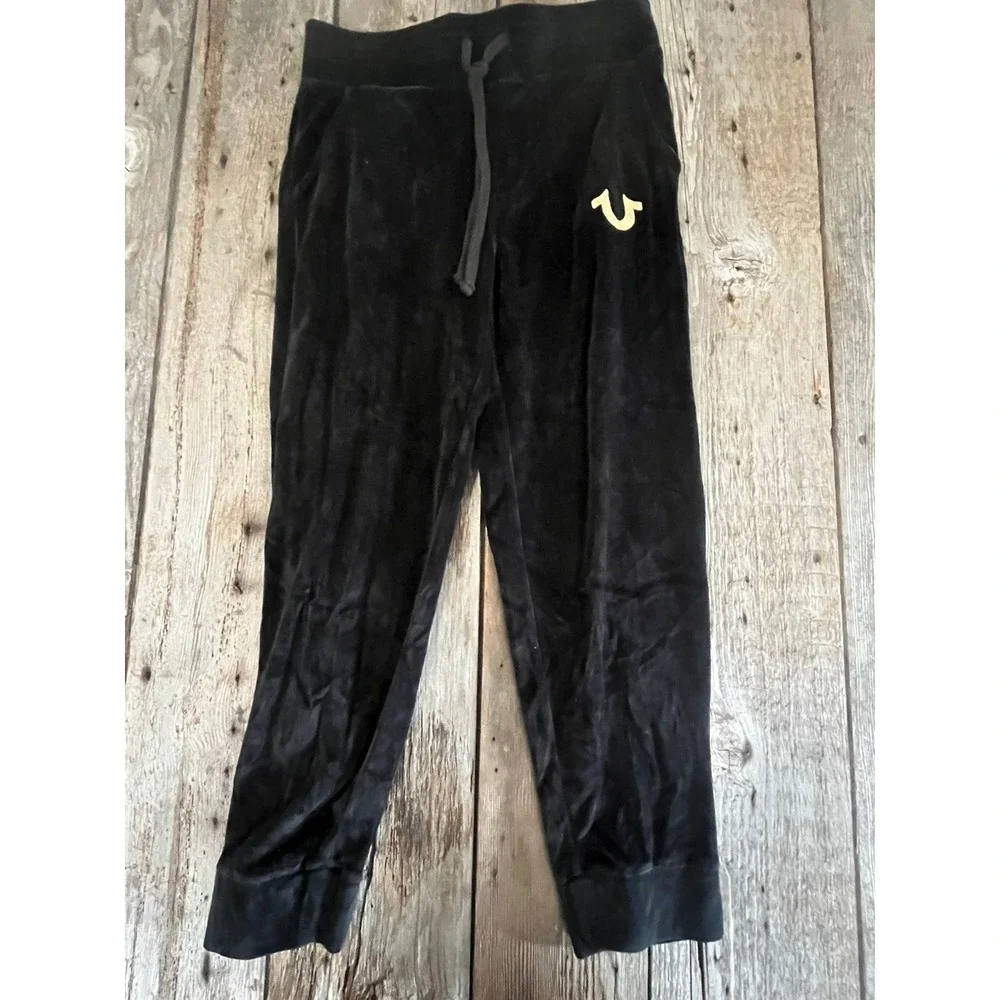 True Religion Mens Velour Jogger Sweatpants Black Gold Horseshoe Logo 101383 S
